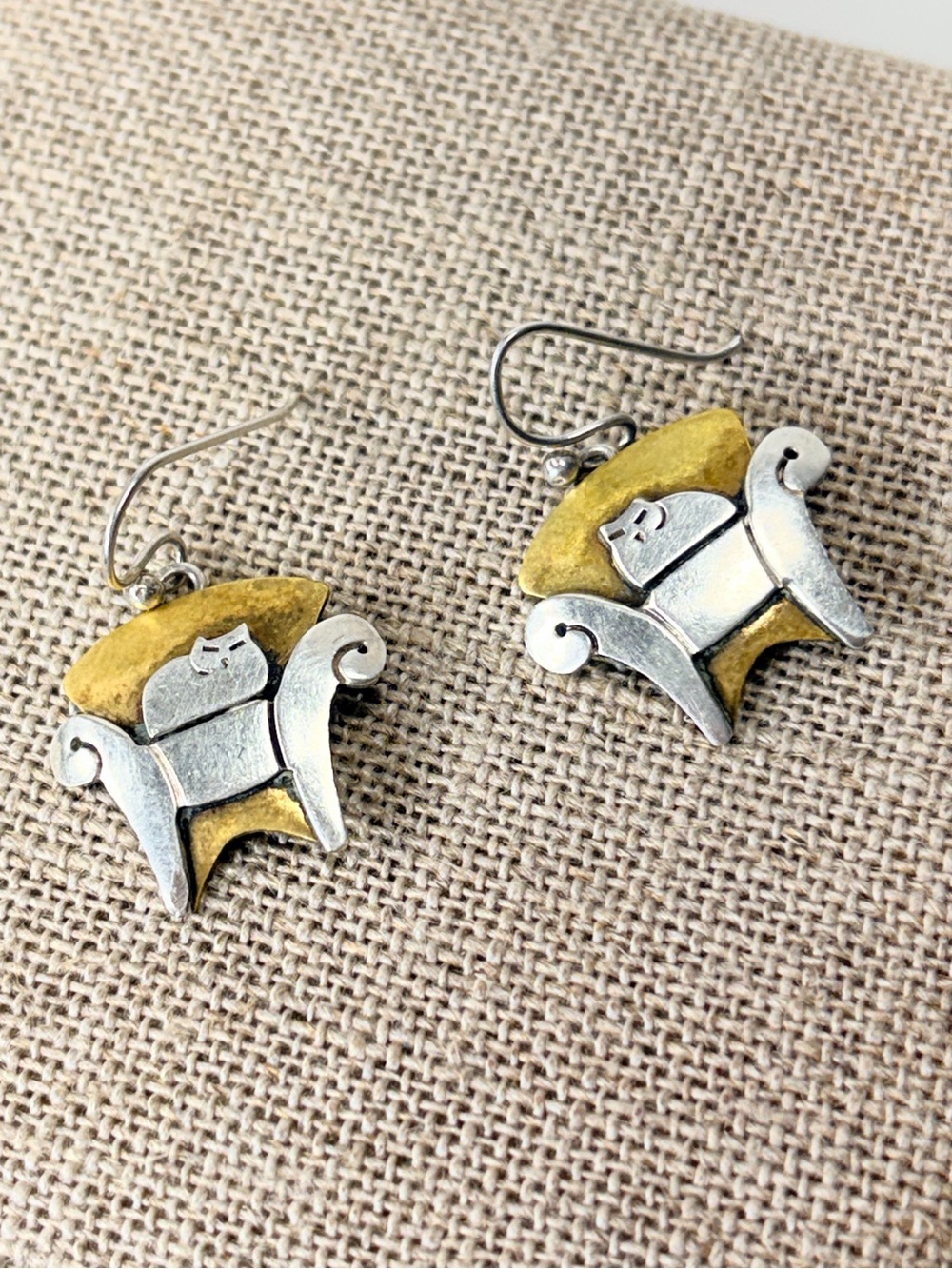 Far Fetched Brass Gold-tone & Silver Cat in Armchair Dangle Earrings